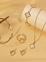 1 Set Stainless Steel Clover Jewellery Set Necklace Bracelet Ring Earrings Simple Fashion Matching Set 4